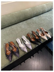 LIZAKOSHT - New Spring Women Thin Heels Slingback Sandals Elegant Pointed Toe Pumps Brand Designer Bow Knot Sandal For Party Dress Shoe