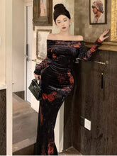 LIZAKOSHT  -  Vintage Floral Printed Slash Neck Bodycon Dress Women Sexy Elegant Long Sleeve Velvet Robe Autumn Winter Ladies Party Vestidos