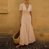 LIZAKOSHT  -  Elegant Polka Dot Printed Bohemian Women Long Dress Fashion Hight Wasit Party Dress V-neck Short Sleeve Seaside Vacation Dress