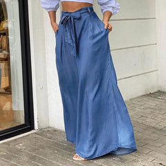 LIZAKOSHT - Fall Women Long Pants High Waist Fashion Belted Casual Loose Solid Wide Leg Pants Streetwear Fashion Women Pants Skirt