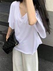 LIZAKOSHT - White Loose T-Shirts Fashion Women V-Neck Casual Summer 2024 Mujer Office Lady New Daily Chic High Street Tees