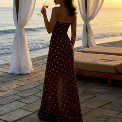 LIZAKOSHT - Fashion Polka Dot Strapless Slim Beach Dress Sexy Sleeveless Backless Women Long Dress Elegant Temperament Waist Vacation Dress