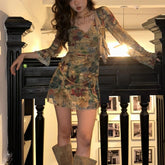 LIZAKOSHT - Temperament Commuter Skirt Spice Girl Retro Oil Painting Printed Gauze Dress Autumn and Winter Fashion Women's Dress