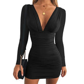 LIZAKOSHT - Sexy Style V-neck Dress High-waisted Figure-flattering Butt-hugging Short Skirt