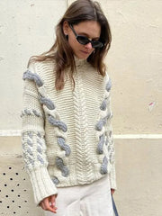 LIZAKOSHT - Elegant Turtleneck Women's Sweater Contrast Twist Knitted Pullovers Crocheted Knitwear Long Sleeved Top 2024 Autumn Loose Jumper