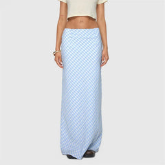 LIZAKOSHT - y2k Long Skirt Women Summer Grunge Clothes Sky Blue Plaid Print Low Waist Straight Loose Skirts Ladies Club Streetwear