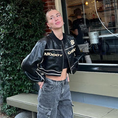 LIZAKOSHT - Leather jacket women's new American street motorcycle style letter printed zipper cardigan round neck short jacket coat women