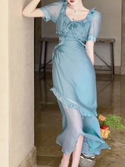 LIZAKOSHT Fashion Dresses for Women Short Sleeve French Style Ruffles Dress Solid Midi Casual Square Collar New Spring Summer Dress