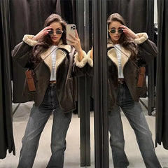 LIZAKOSHT - Women's Casual Fashion Comfortable Jacket 2025 Spring European and American Style Lapel Loose Fur Integrated Warm Jacket