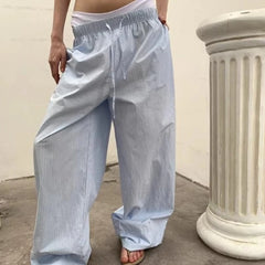 LIZAKOSHT - Oversized Y2k Striped Woman's Pants Baggy Harajuku Old Money Casual Basic Trousers Korean Fashion Wide Leg Elastic Waist