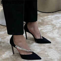 LIZAKOSHT - New Fashion Brand Crystal Embellished High Heels Shoes Women Pointed Toe Dress Rhinestone Wedding Party Pumps Black Suede Sandal
