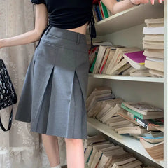 LIZAKOSHT - pleated skirt high quality Reversible high waist preppy Fashion Gray plus size Skirt for Women 2024 Summer New suit midi skirt