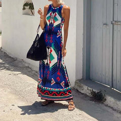 LIZAKOSHT - Elegant O-neck Sleeveless Bohemian Dress Women Fashion Waist Long Party Dresses 2025 Summer Vintage Pattern Printed Beach Dress