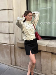 LIZAKOSHT  -  Polka Dot Lantern Sleeve Jackets Women High Collar Oversized Cropped Coats 2025 Lady Casual New Chic Commute Street Outerwear