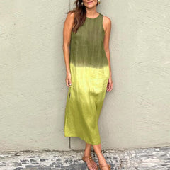 LIZAKOSHT - Elegant O-Neck Straight Office Dress Women Side Split Beach Pullover Dress Casual Summer Sleeveless Gradient Long Dress