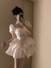 LIZAKOSHT - Women Pink Sweet Princess Dress Korean Cute Puff Sleeve Square Collar Cake Mini Dress Lady High Waist Party Dress