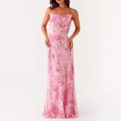 LIZAKOSHT - Floral Dress Women Spaghetti Strap Cowl Neck Backless Maxi Dresses Ladies Elegant Formal Long Dress Club Party Night