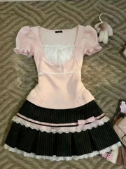 LIZAKOSHT - Y2k Harajuku Vintage Sweet Slim 2 Piece Skirt Sets Kawaii Short Sleeve Tops + Bow Patchwork Cake Mini Skirts 2000s Lolita Suits