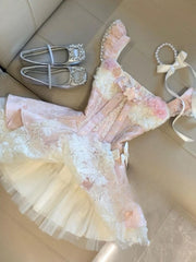 LIZAKOSHT - French Sweet Kawaii Lolita Dresses Women Chic Flower Design Lace Mini Pink Dress Japanese Fairy Princess Birthday Party Dresses