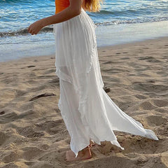 LIZAKOSHT - Beach Holiday Ruffles Long Skirts Lace Up Low Waist Y2K Aesthetic Loose Split Maxi Skirt Women Summer Grunge Fairycore