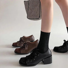 LIZAKOSHT - Vintage Brown maillard Style Casual Pumps Square Toe Patchwork Block Heels Lace-up Shoes Women