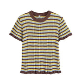 LIZAKOSHT - Summer Women's T-Shirt Tops 2025 New Chic Elastic Slim O-neck Striped Tops Women's Street Fashion Joker Youth Knitted T-Shirt
