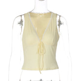 LIZAKOSHT - Woman Clothes Deep V-neck Yellow Tank Tops Sexy Sleeveless Lace Patchwork T-shirt Girls Y2K Corset Top Streetwear