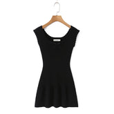 LIZAKOSHT - CHIC Wave O neck Rib Knitted Mini Sleeveless Dress Women Slim Waist Spliced Ruffles A-line Hem Knitting Dresses Short Sun Robe