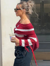 LIZAKOSHT - Knitted Sexy Off Shoulder Striped Women Sweater Red Long Sleeve Lace Up Sweater Female Autumn New Casual Streetwear