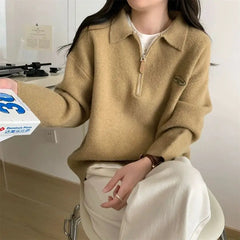 LIZAKOSHT - Sweaters Half Zipper POLO Neck Women Girls Vintage Preppy Sweatshirt Jumper Gray Khaki Loose Long Sleeve Pullover Korean Fashion