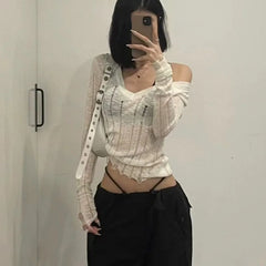 LIZAKOSHT - Coquett Y2K Women's Knit Sweater Hollow Out Knitwear V Neck Pullovers Spring See Through Jumper Harajuku Fashion Grunge