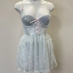 LIZAKOSHT - New Sexy Lingerie Women's Sleepwear See Through Gauze Mesh Embroidery Suspender Nightdress with Chest Pad Vestidos Mujer