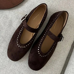 LIZAKOSHT - Round Toe Ladies Ballet Flats Back Strap Women Lolita Casual Outside Autumn Fashion Brand Rivet Shoes Suede Mary Jane Mujer