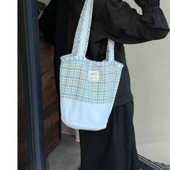 LIZAKOSHT - Korean Sweet Blue Plaid Bucket Bag Handbag Tote Women Casual Shoulder Bag