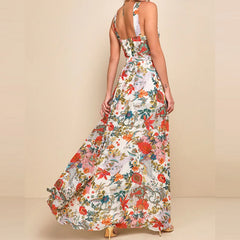 LIZAKOSHT - Women Floral Print A-line Beach Dress Elegant High Waist Full Length Swing Maxi Dress All Match Off Shoulder Party Dress Spring