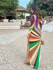 LIZAKOSHT - Women's Dresses Rainbow Outerwear Print Bodycon Maxi Dress Long Sleeve Summer Trendy High Slit Casual Evening Gown Woman Clothes