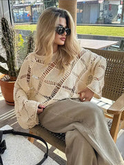 Lizakosht Loose Round Neck Hollow Out Pullover Women Solid Long Sleeved Knitwear Sweater 2024 New Fashion Female Vacation Jumper Tops