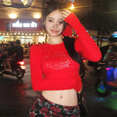 LIZAKOSHT - Dopamine Spicy Girl Leaky Back Tie T-shirt Sexy Slim Fit Street Dance Long Sleeved Short Top