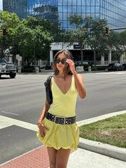 LIZAKOSHT - Yellow Ruffled Hem Patchwork Mini Dress Women Sexy Off Shoulder U-neck Backless Spaghtti Strap Dresses New Lady Chic Streetwear