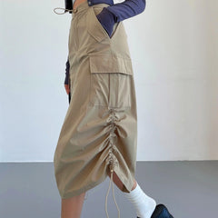 LIZAKOSHT - Y2K Safari Back Slit Pockets Cargo Skirt American Retro Women Ruched Side Drawstring Rope Midi Long Skirts