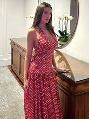 LIZAKOSHT - Modern Hipster Women Maxi Dress Elegant Point Print Halter V-neck Backless Bodycon Female High Street Festival Vestidos