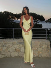 LIZAKOSHT - Silk Satin Glossy Slip Dress V-Neck Solid Color Drape Suspender Slim Fit Sexy Backless Strap Robes Women Halter Long Dresses