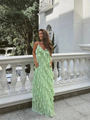 LIZAKOSHT - Fashion Green Women Sling Maxi Dress Elegant V-neck Sleeveless Slim Dresses 2024 Summer Female Chic Beach Vacation Robes