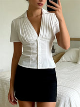 LIZAKOSHT - Women Summer Tops Fashion Style V-Neck Button Down Short Sleeve Shirts Casual Chic Blouses New