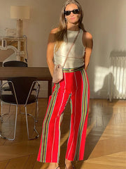 LIZAKOSHT - Fashion Striped Long Pants For Women Autumn High Waist Zipped Pockets Straight Trouser Female Chic Street Wide Leg Pants