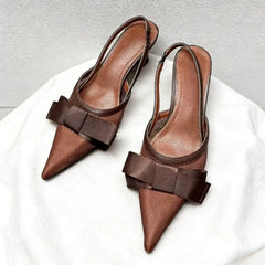 LIZAKOSHT - Satin Luxury High Heels Women Bow Pointed Toe Pumps Brand Slingbacks Banquet Party Shoes Designer Women Sandals Summer