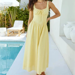 LIZAKOSHT - Elegant Long Dress For Women Lace Up Sleeveless Square Neck Dresses 2025 New Summer Chic Casual Simple Vacation Beach Midi Dress