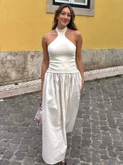 LIZAKOSHT - Sexy Halter Spliced Long Dress Women Solid Backless Sleeveless Midi Dresses 2025 New Summer Elegant Evening Gown Party Dresses