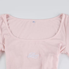 LIZAKOSHT - Pink Tops Tee Women Letter Embroidery Ribbon Cross Tie Long Sleeve Slim Tops Cute Tshirt for Sweet Girls Kawaii Clothes