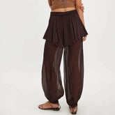 LIZAKOSHT - Women's Long Bloomers Layered Skirted Pants with Belt Tied Sheer Balloom Mid Rise Sheer Slips Bubble Culottes Bottoms